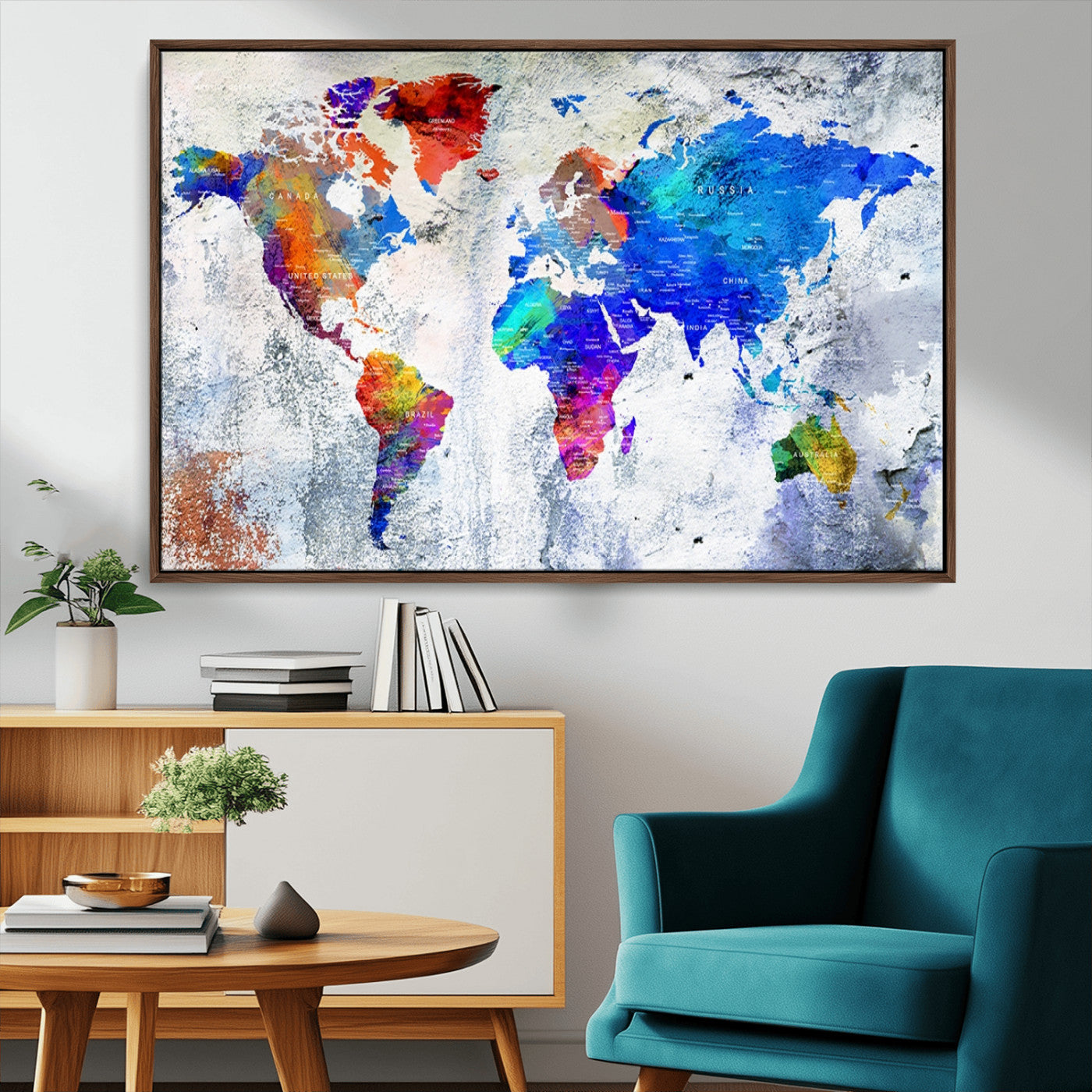-World Map Canvas Print – Colorful Abstract Push Pin Travel Map, Framed Wall Art for Home or Office Decor
