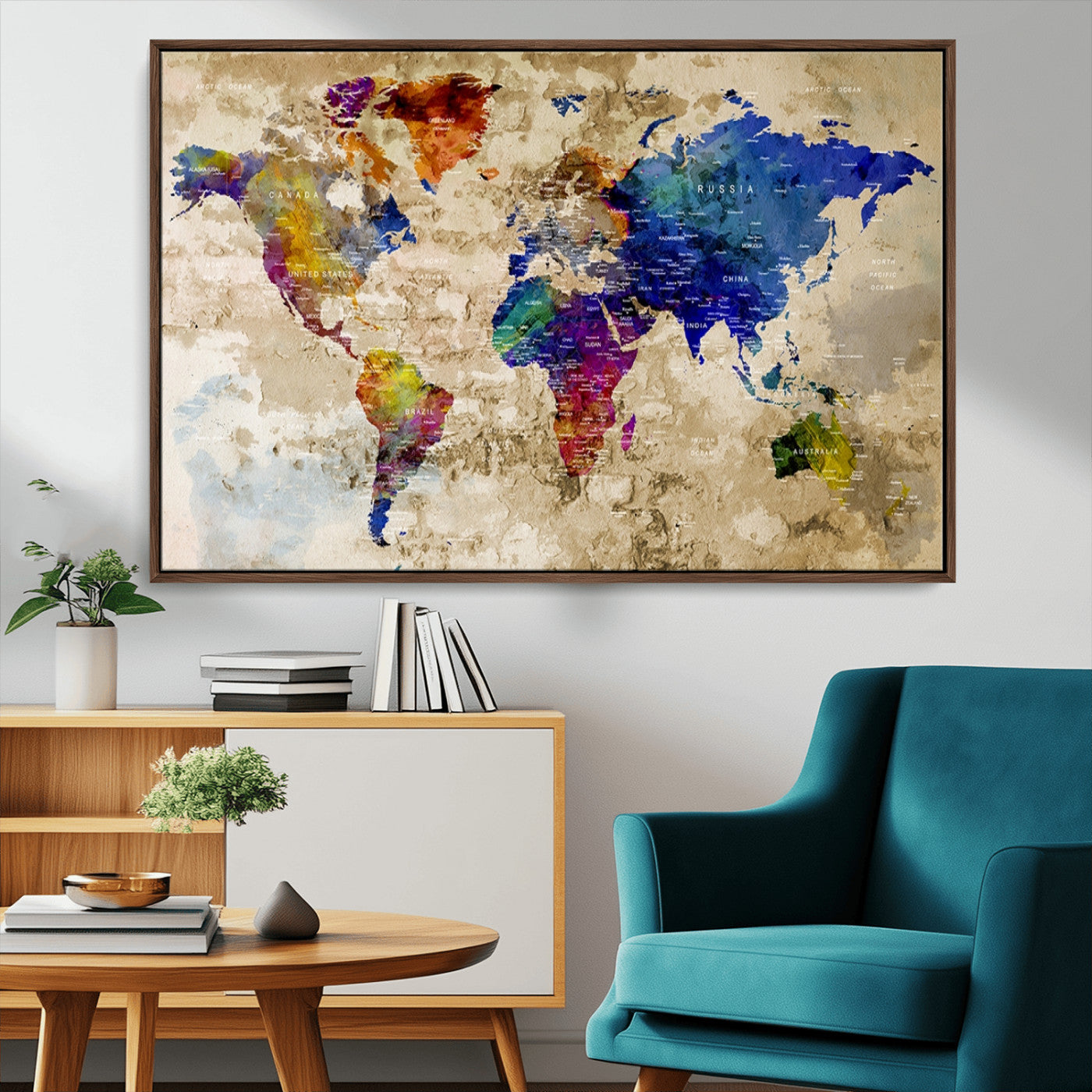 92939-MGV-CV-36X24-Colorful World Map Canvas Wall Art – Abstract Watercolor Map Print, Modern Travel Decor for Home Office or Study