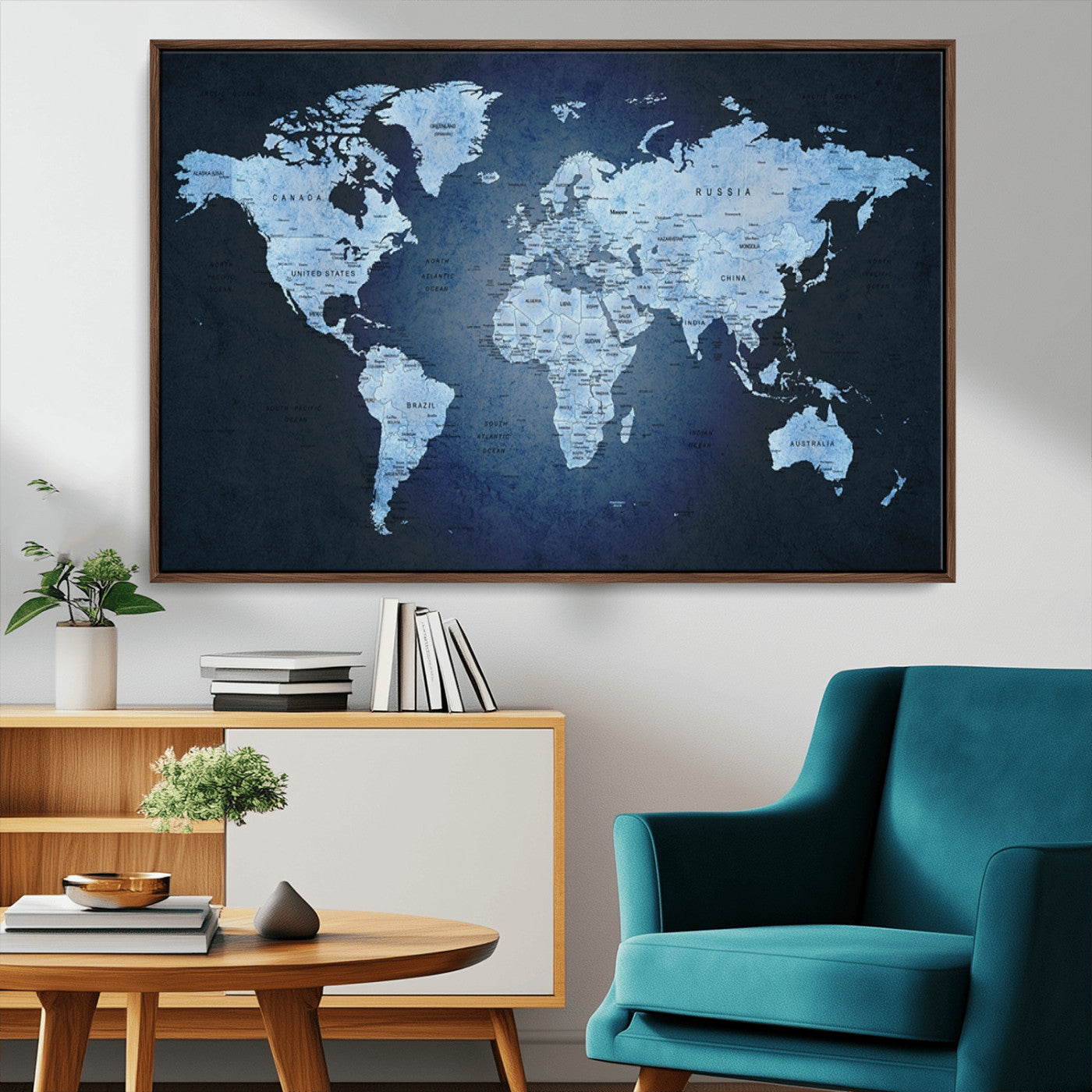 26249-MGV-CV-36X24-Blue World Map Canvas Wall Art – Framed Modern Push Pin Travel Map for Home and Office Decor, Elegant Navy Global Wall Artwork for Travelers