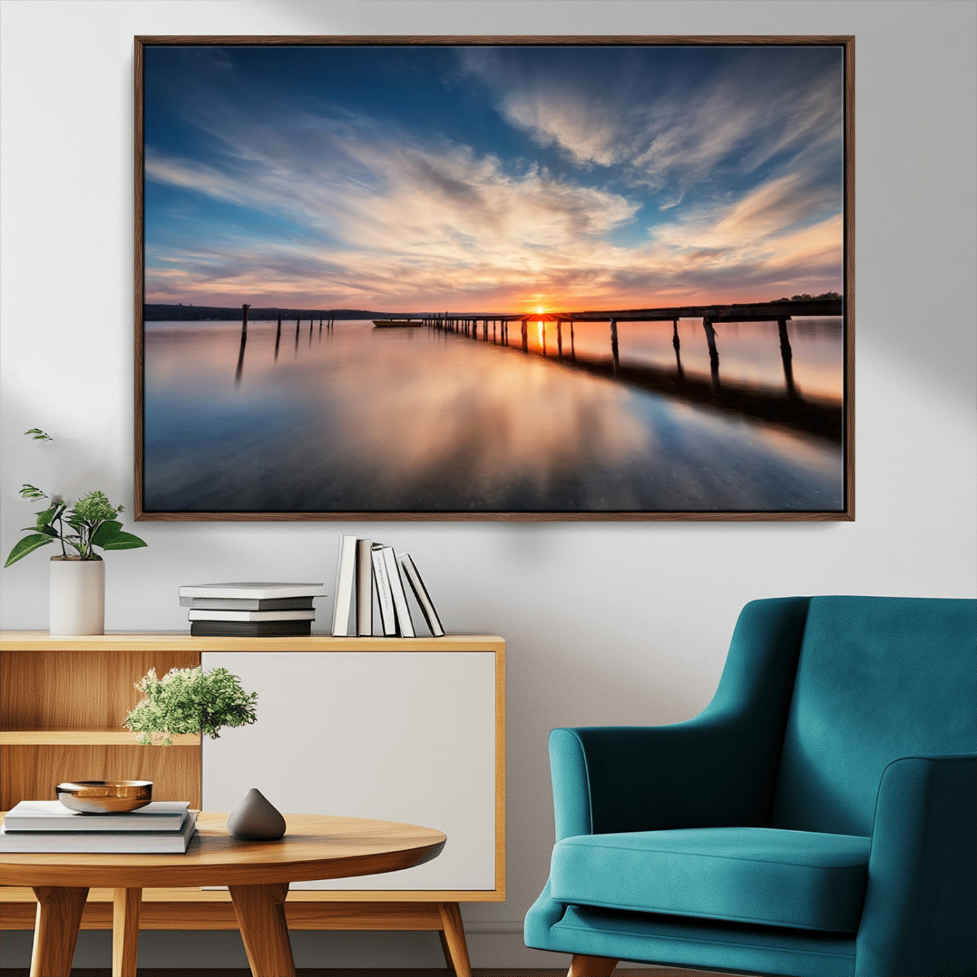 39967-MGV-CV-36X24-Wooden Pier on Seascape and Sunset Wall Art Canvas Print