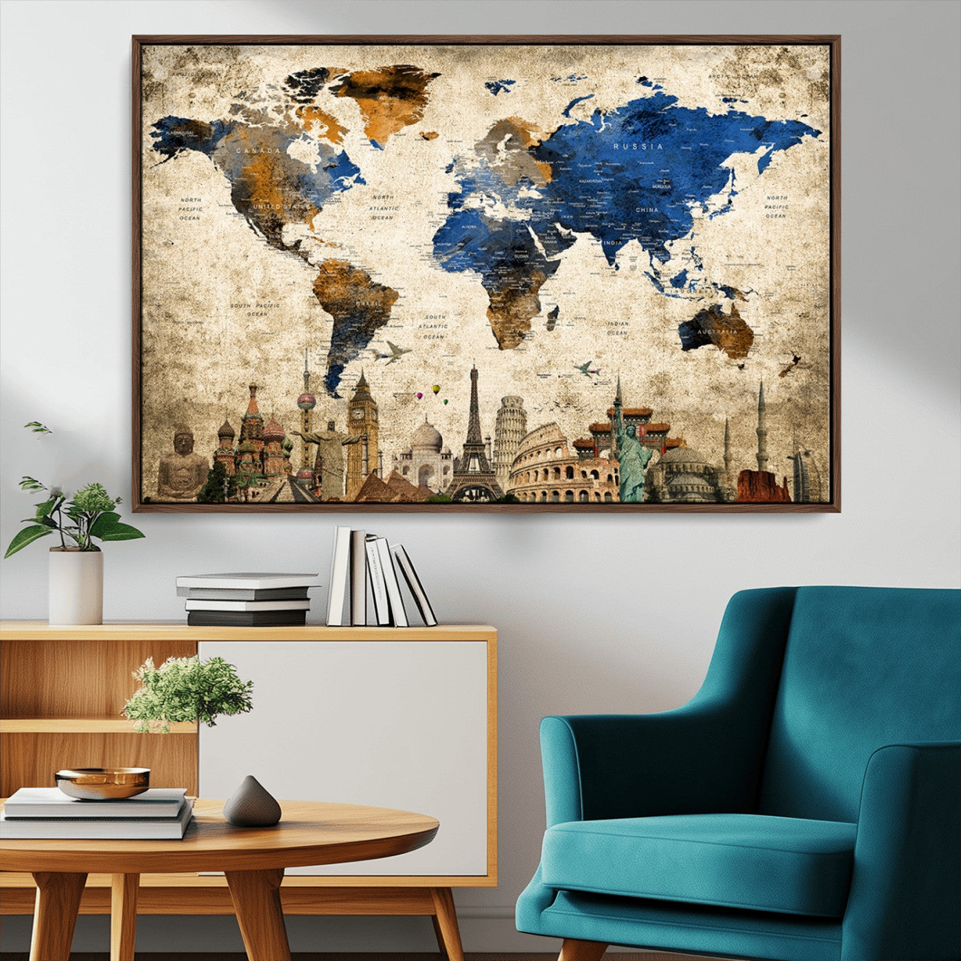 20261-MGV-CV-36X24-World Map Canvas Print – Vintage Blue and Gold World Map Wall Art, Framed Travel Inspired Decor for Living Room or Office