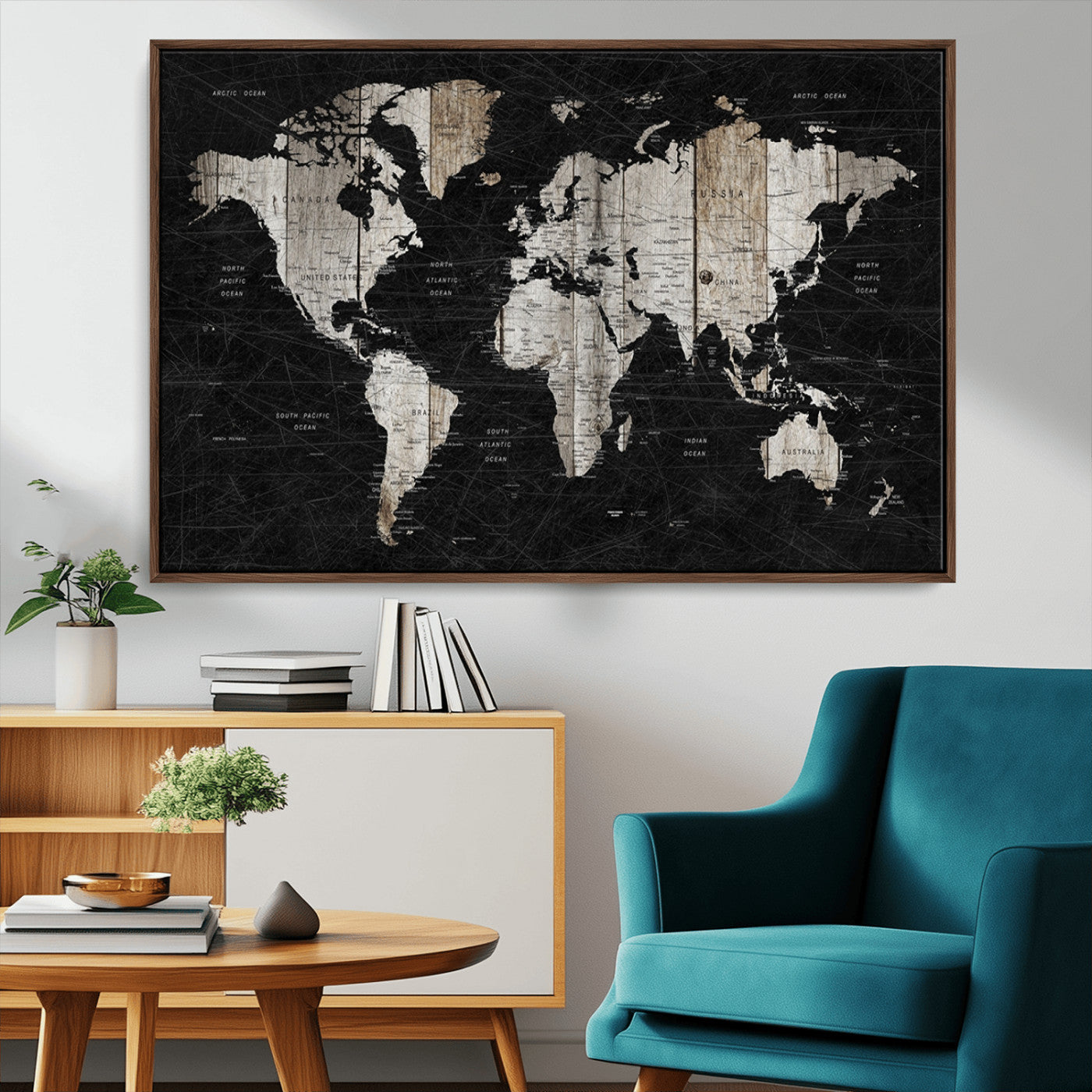 89998-MGV-CV-36X24-Rustic Black and Wood World Map Canvas Wall Art – Framed Push Pin Travel Map for Home and Office Decor, Modern Vintage Wall Artwork