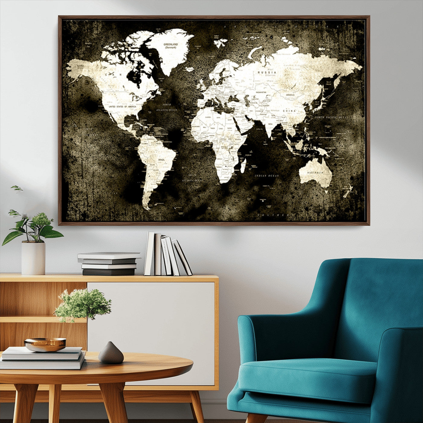 66737-MGV-CV-36X24-Vintage World Map Canvas Wall Art – Framed Push Pin Travel Map for Home and Office Decor, Rustic Wall Artwork for Travelers
