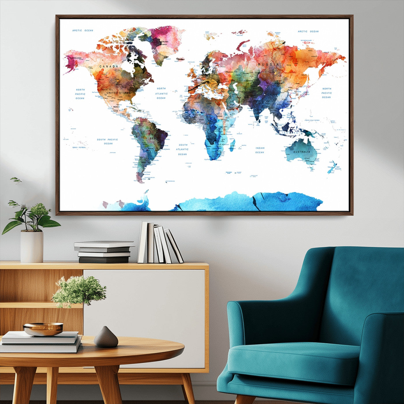 11576-MGV-CV-36X24-Vibrant Watercolor World Map Canvas Wall Art – Framed Push Pin Travel Map for Home and Office Decor, Modern Colorful Wall Artwork