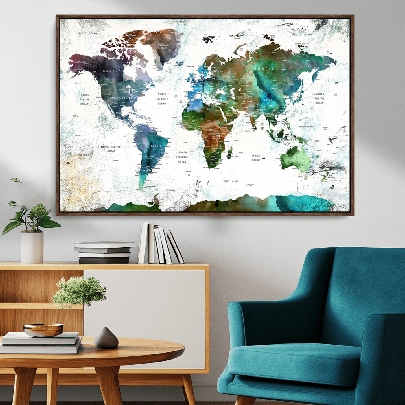 -Modern Watercolor World Map Canvas Wall Art – Framed Abstract Map Print, Contemporary Travel Artwork for Elegant Home and Office Decor