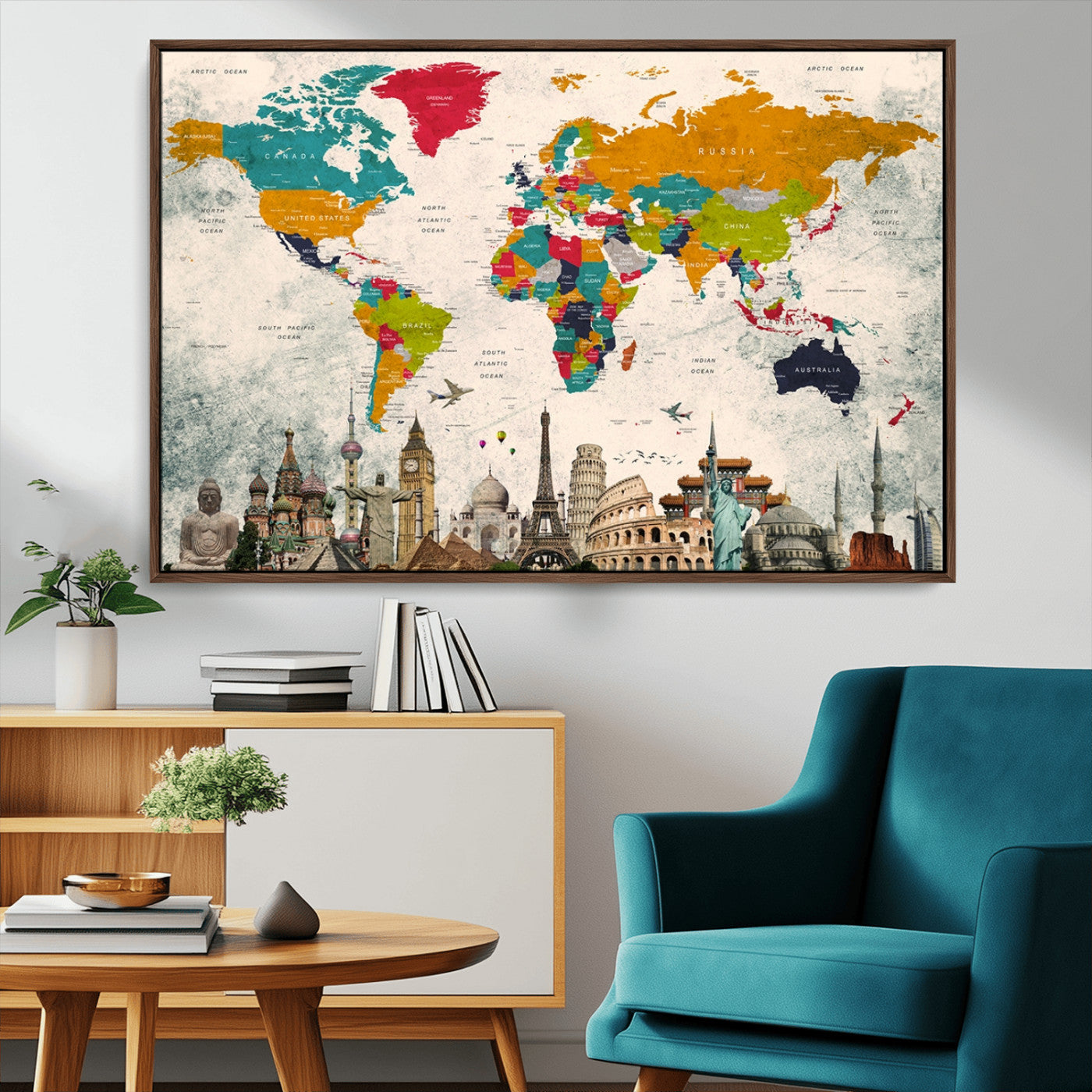 98056-MGV-CV-36X24-Colorful World Map Canvas Wall Art with Landmarks – Framed Travel Map Print for Home and Office Decor, Perfect Gift for Travel Lovers