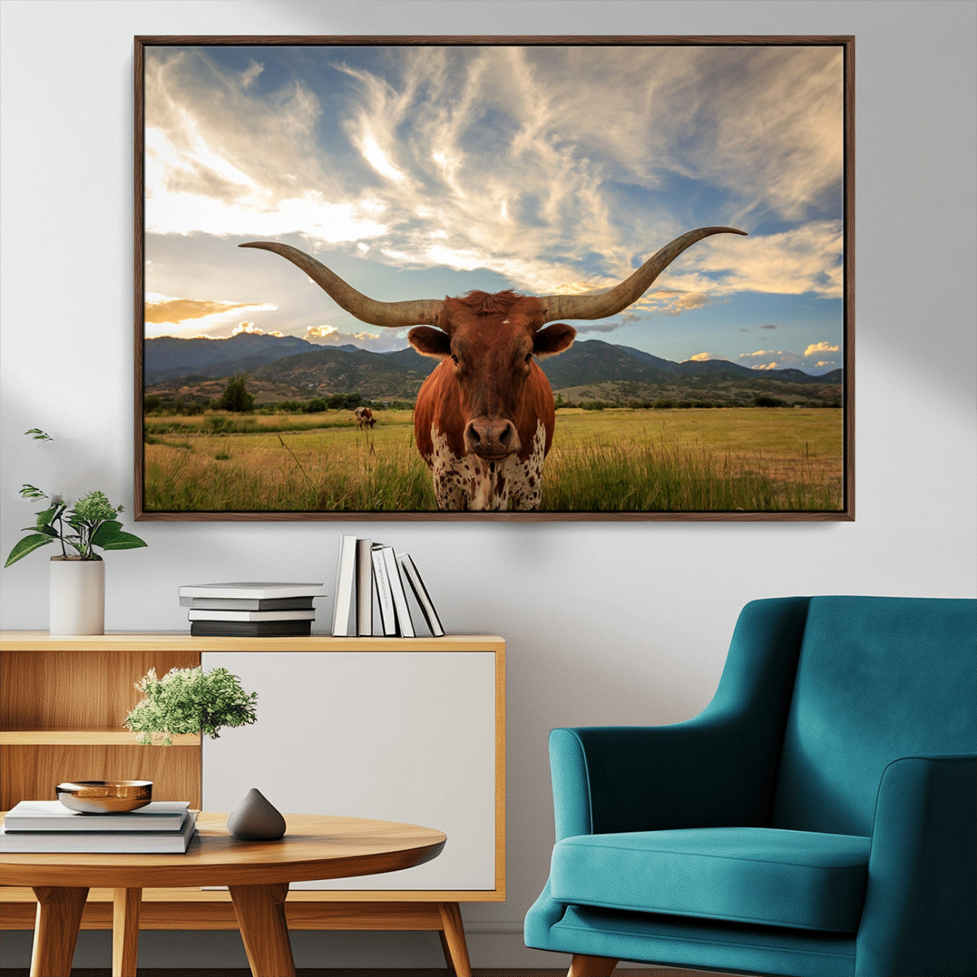 55416-MGV-CV-36X24-Texas Longhorn Canvas Wall Art – Majestic Triptych Animal Print – Rustic Western Decor for Living