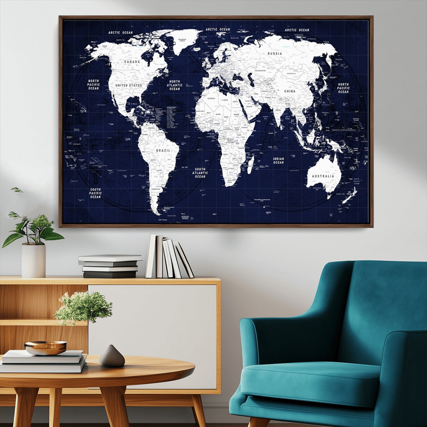 -Navy Blue World Map Canvas Print – Modern Push Pin Travel Map Wall Art, Framed Contemporary Decor for Home or Office