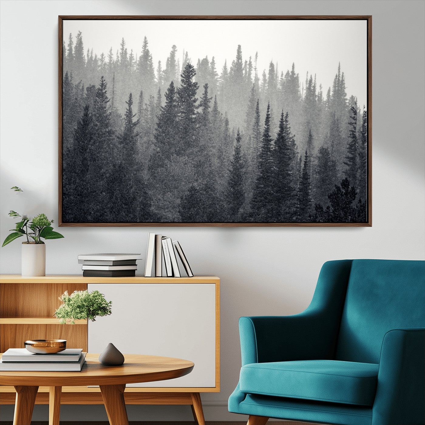 -Misty Forest Canvas Wall Art – Monochrome Triptych Pine Tree Print – Nature-Inspired Home Decor –