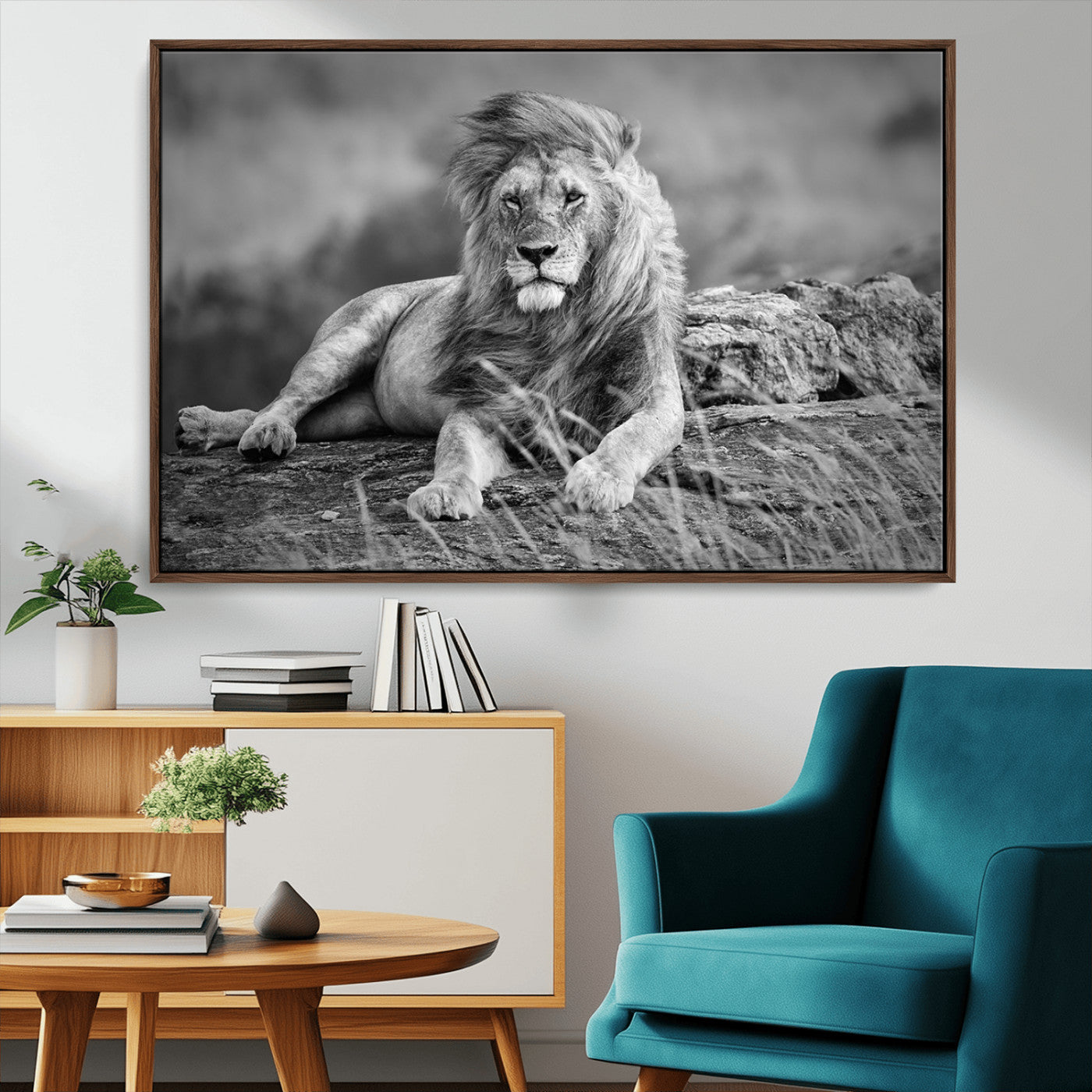 68679-MGV-CV-36X24-King Forest Lion Wall Art Canvas Print – Framed Majestic Wildlife Scene with Regal Lion Artwork for Home, Office
