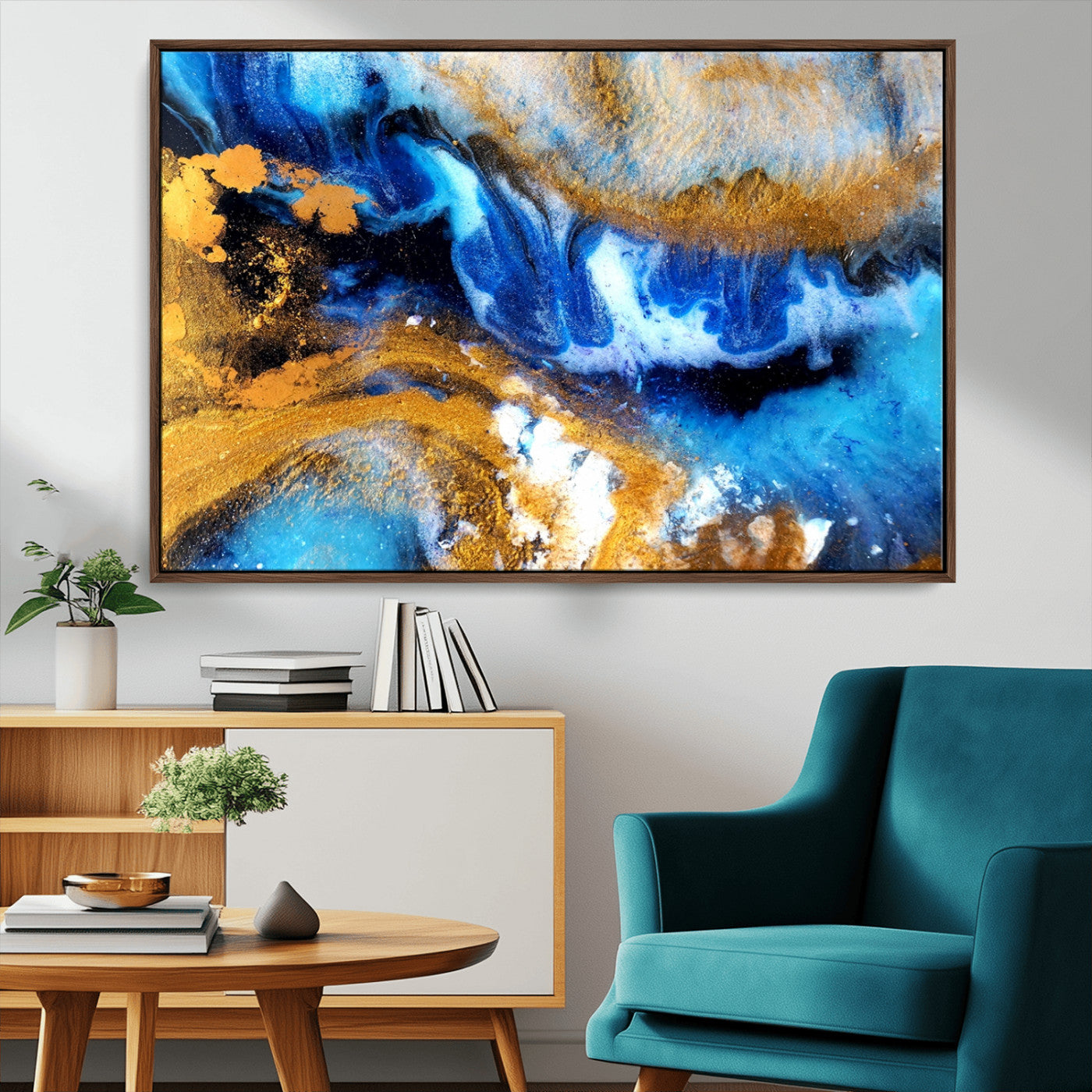 42100-MGV-CV-36X24-Blue Orange Marble Fluid Effect Canvas Wall Art Print