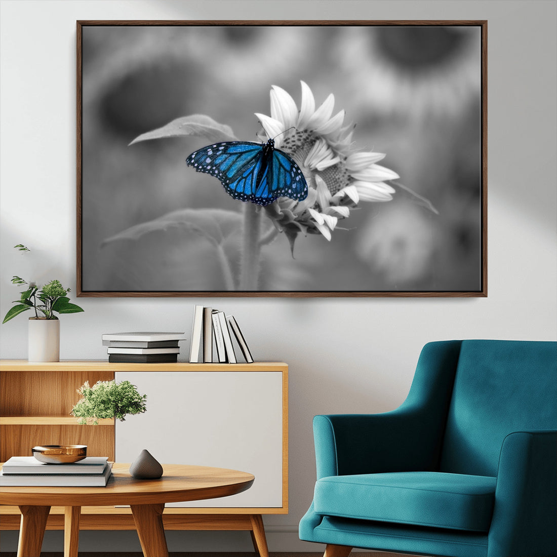 Blue Butterfly Black and White Canvas Wall Art
