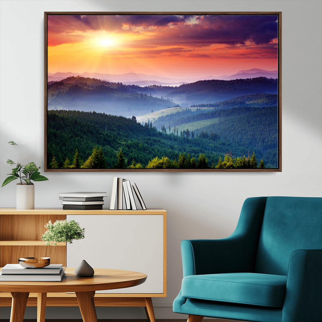 Sunset over Mountain Canvas Print, Forest Canvas Wall Art | Triptych Nature Landscape