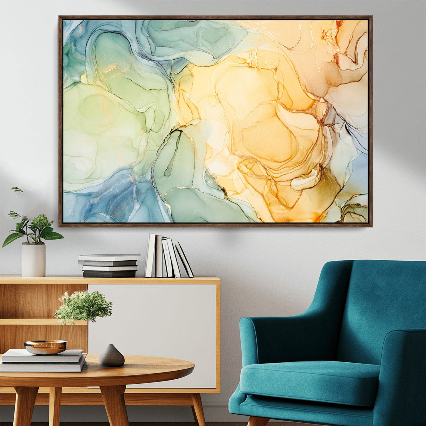 42195-MGV-CV-36X24-Green and Yellow Marble Fluid Effect Wall Art, Green and Yellow Marble Canvas Wall Art Print