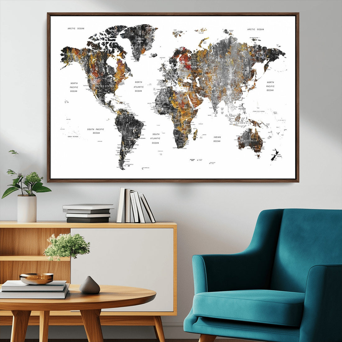 Modern Metallic World Map Canvas Wall Art | Framed Contemporary World Map Print