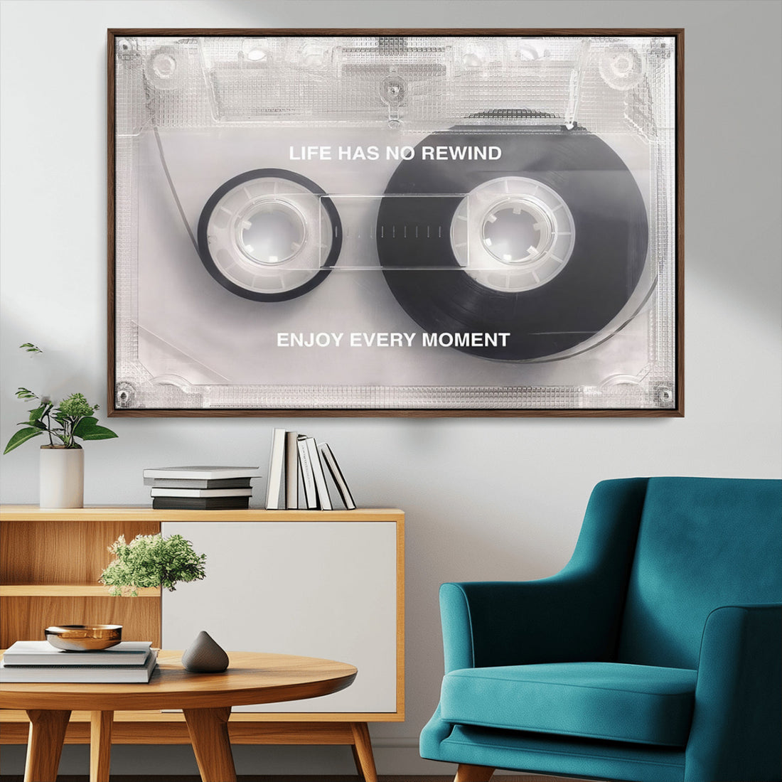 Vintage Cassette Tape Canvas Wall Art, Inspirational 'Life Has No Rewind' Quote, Retro Music Decor