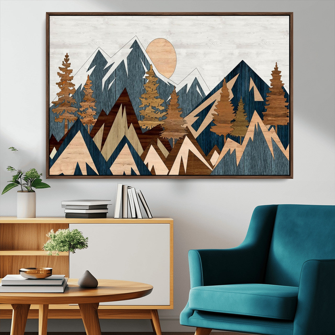 91467-MGV-CV-36X24-Abstract Wood Panel Effect Mountain Range Top Wall Art Canvas Print