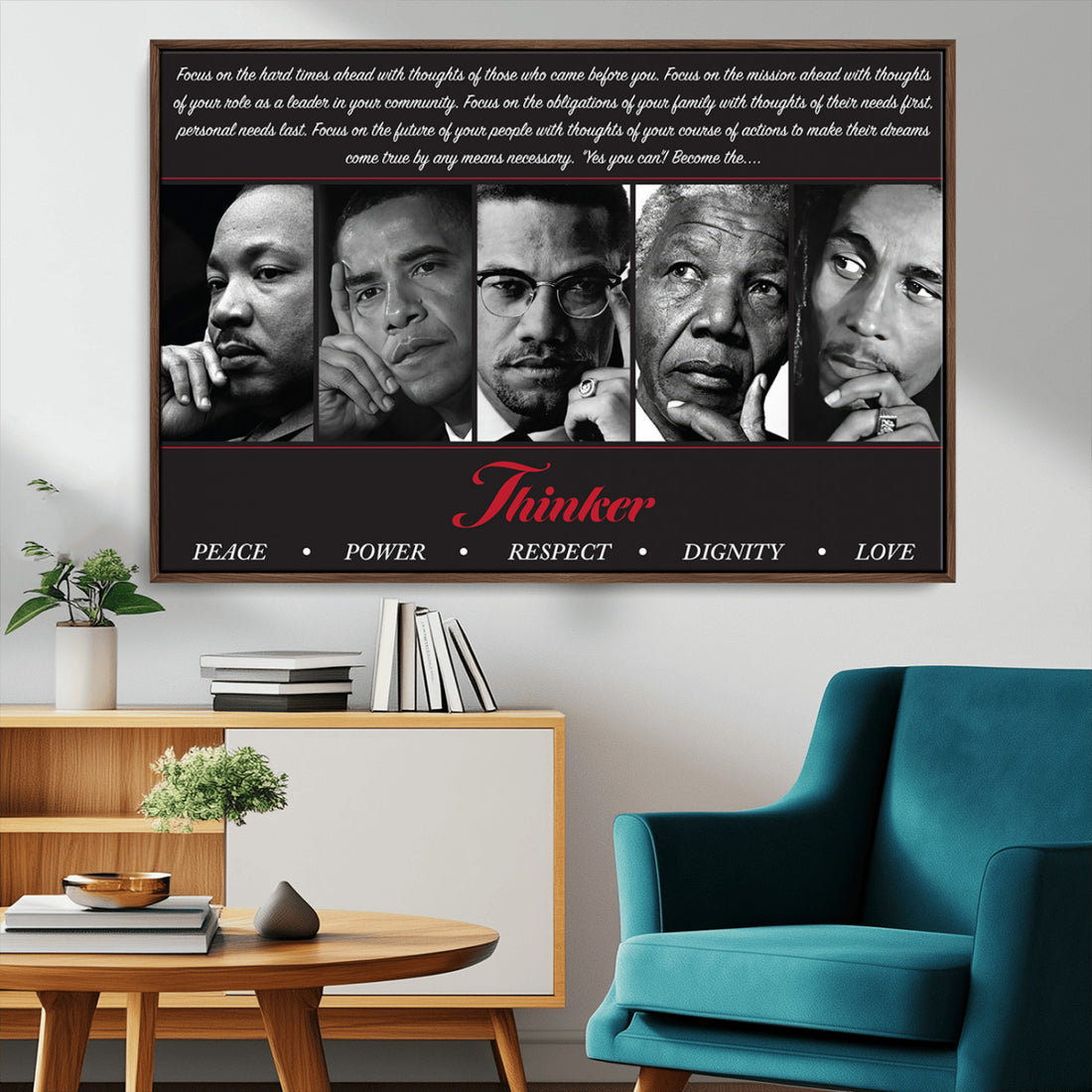 Thinker Quintet Canvas Wall Art | Martin, Obama, Malcolm X, Mandela, Marley, Peace Power Respect Dignity Love