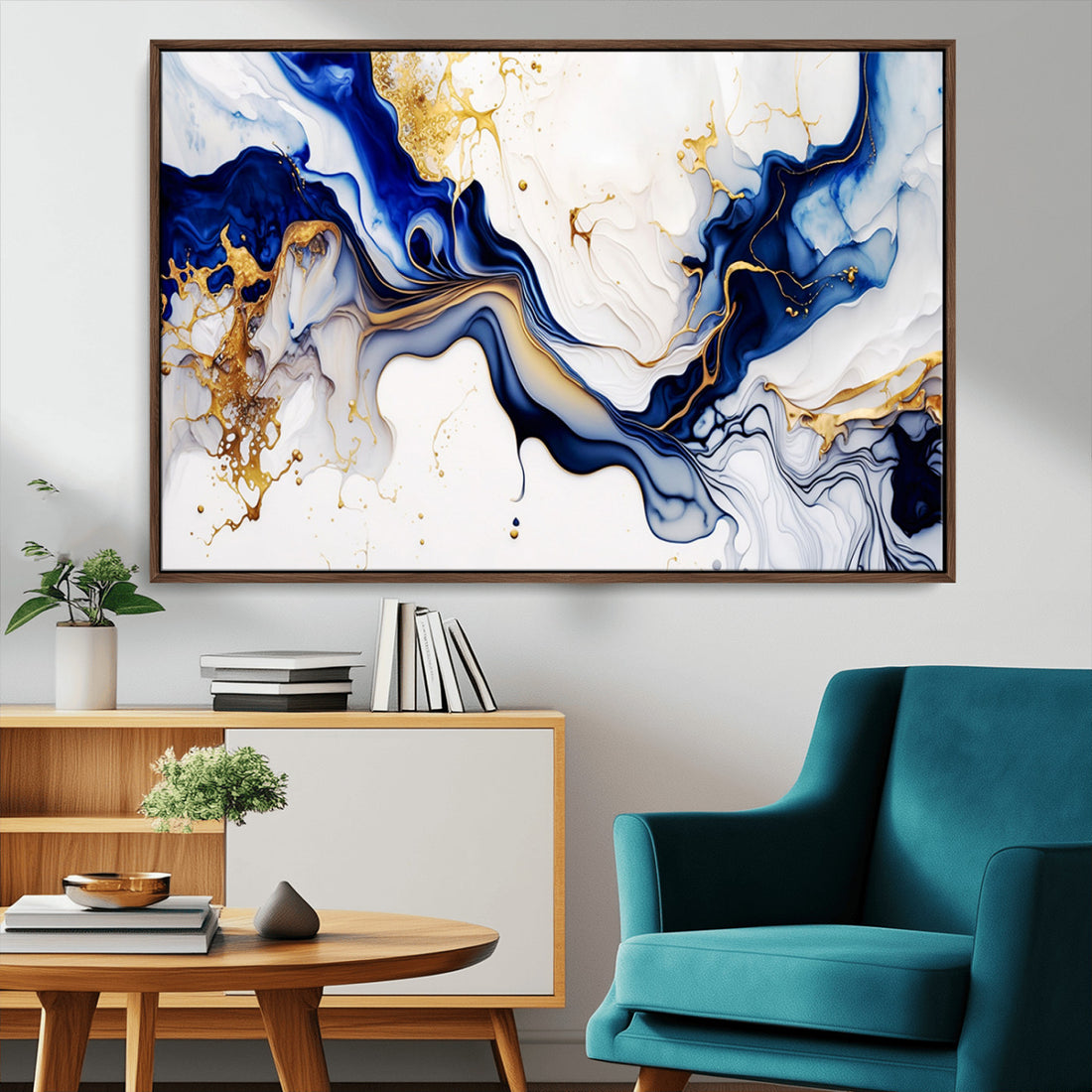 Golden Cascades on Midnight Blue, Deep Blue Abstract Wall Art Canvas Print