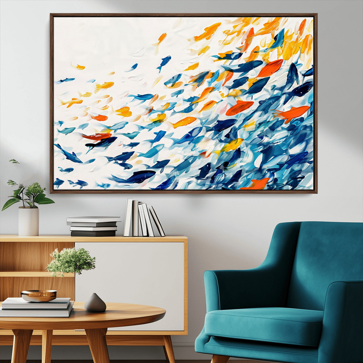 84837-MGV-CV-36X24-Abstract Fish Shoal Wall Art Canvas Print, Colorful Fish Herd Painting on Canvas Print, Ocean Animal
