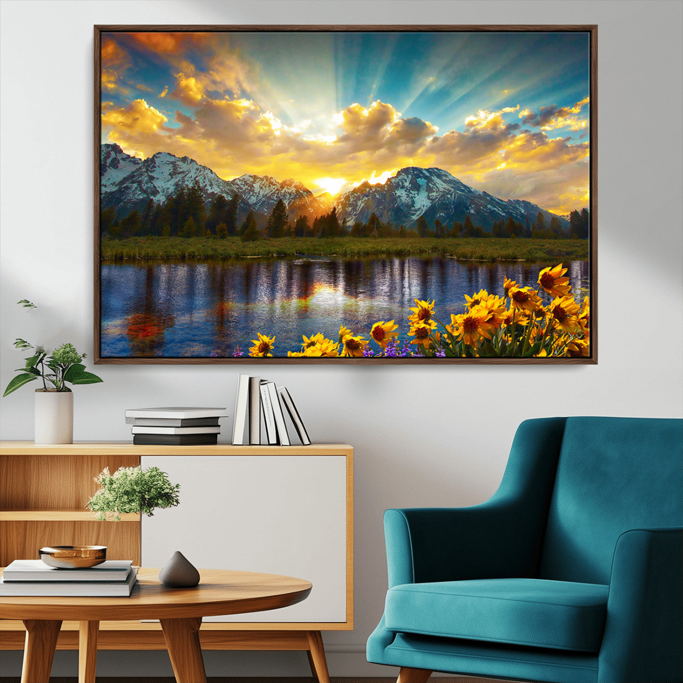 42292-MGV-CV-36X24-Mountain Sunrise Wall Art – Vibrant Landscape Canvas Print with Wildflowers and River Reflection, Nature Scenery Decor for Living Room or Bedroom