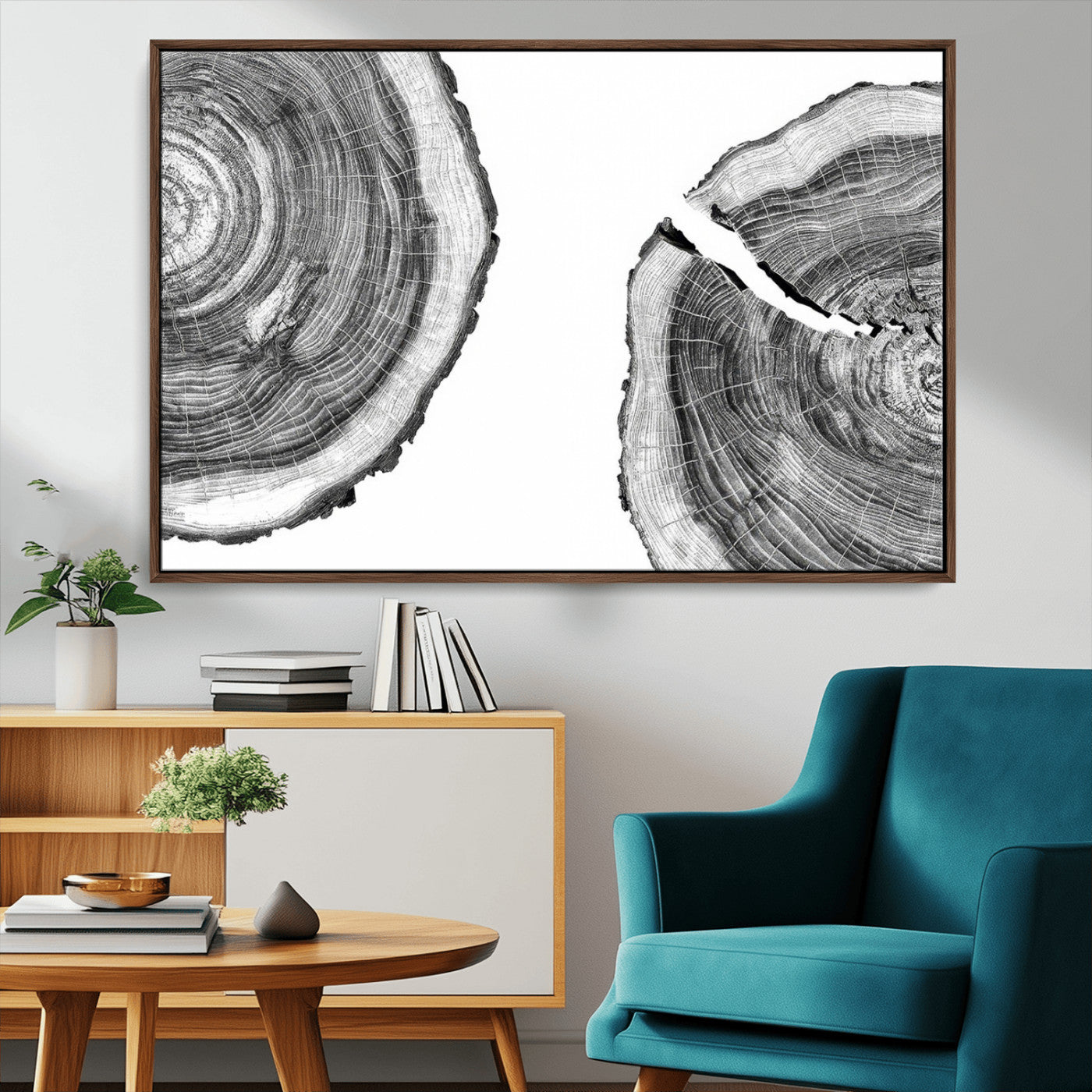 52770-MGV-CV-36X24-Abstract Large Tree Rings – Minimalist Black and White Wood Art | Triptych Canvas, Modern Wall Decor