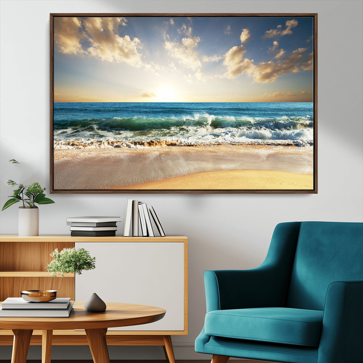 83376-MGV-CV-36X24-Golden Sunset Beach Triptych Canvas Wall Art for Living Room – 3-Panel Ocean View, Framed & Ready to