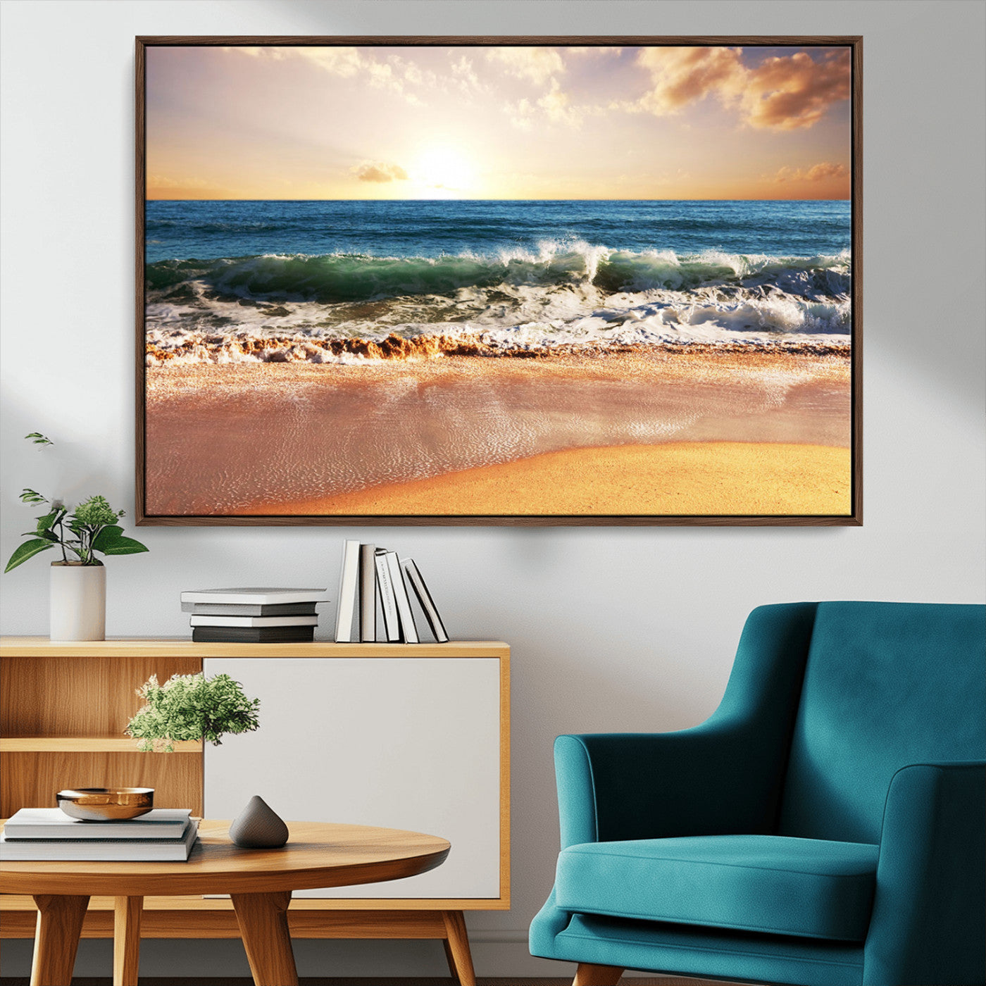 42011-MGV-CV-36X24-Sunset Beach Wall Art - 3-Panel Framed Canvas Print, Ready to Hang Ocean Sunset for Coastal and