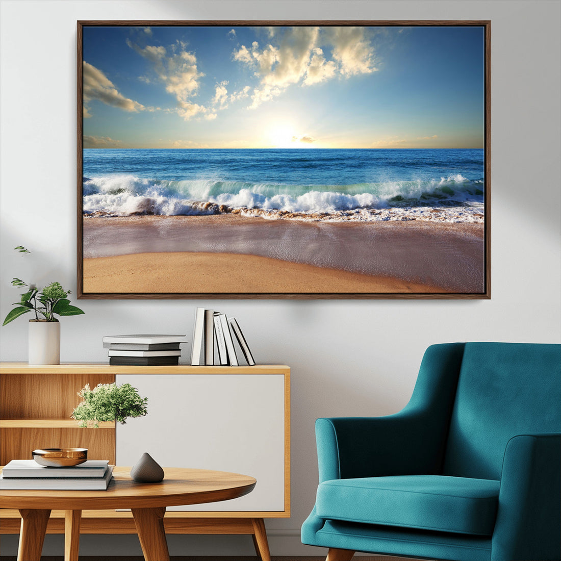 Serene Ocean Sunset Canvas Wall Art, Beach Waves at Sunset, Ready to Hang