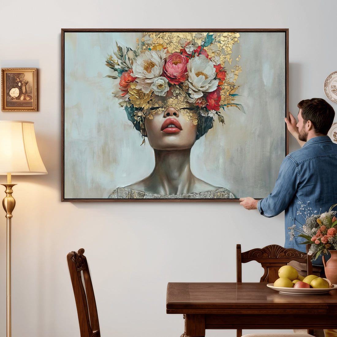 Golden Petal Wall Art Canvas Print, Silhouette Woman Wall Art, Floral Woman Portrait
