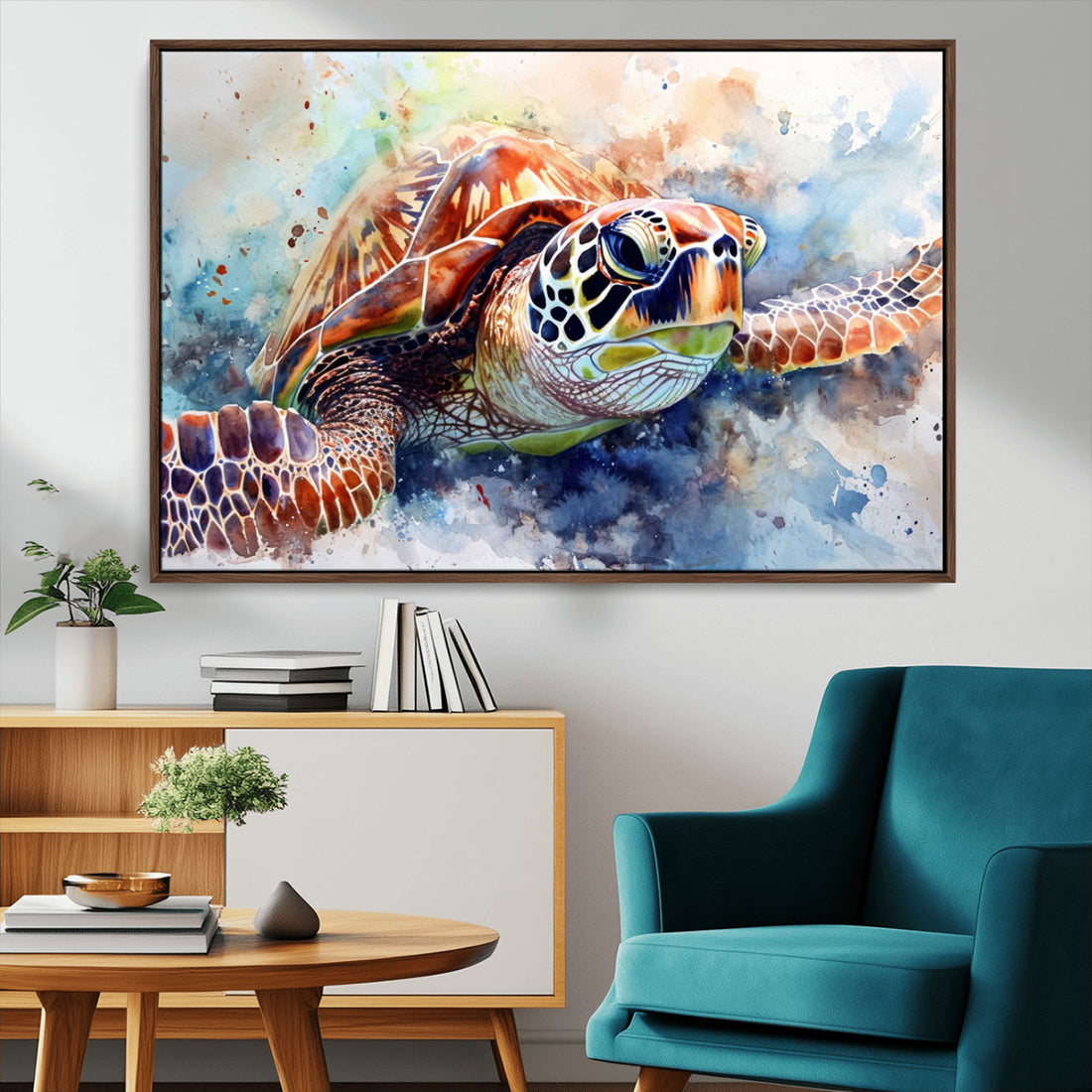 Watercolor Sea Turtle Wall Art Canvas Print, Vibrant Ocean Colors in Watercolor Style