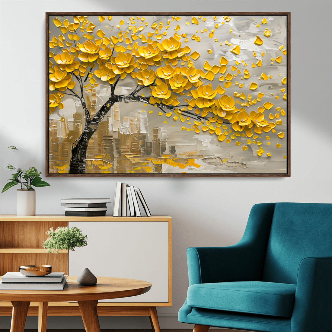 Yellow Blossom Tree Canvas Wall Art, Floral Abstract Modern Art | Extra Large 3 Piece Canvas Wall Art