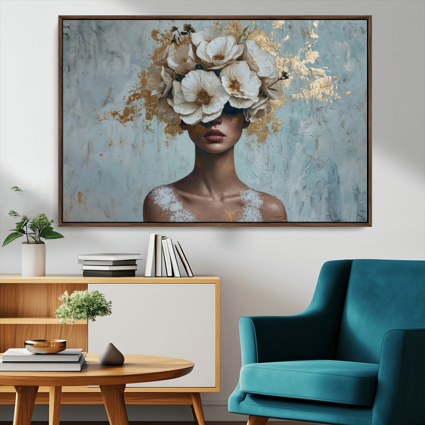 -Golden Petal Wall Art - Petal Silhouette Woman Wall Art Canvas Print | Large 3-Panel Canvas with