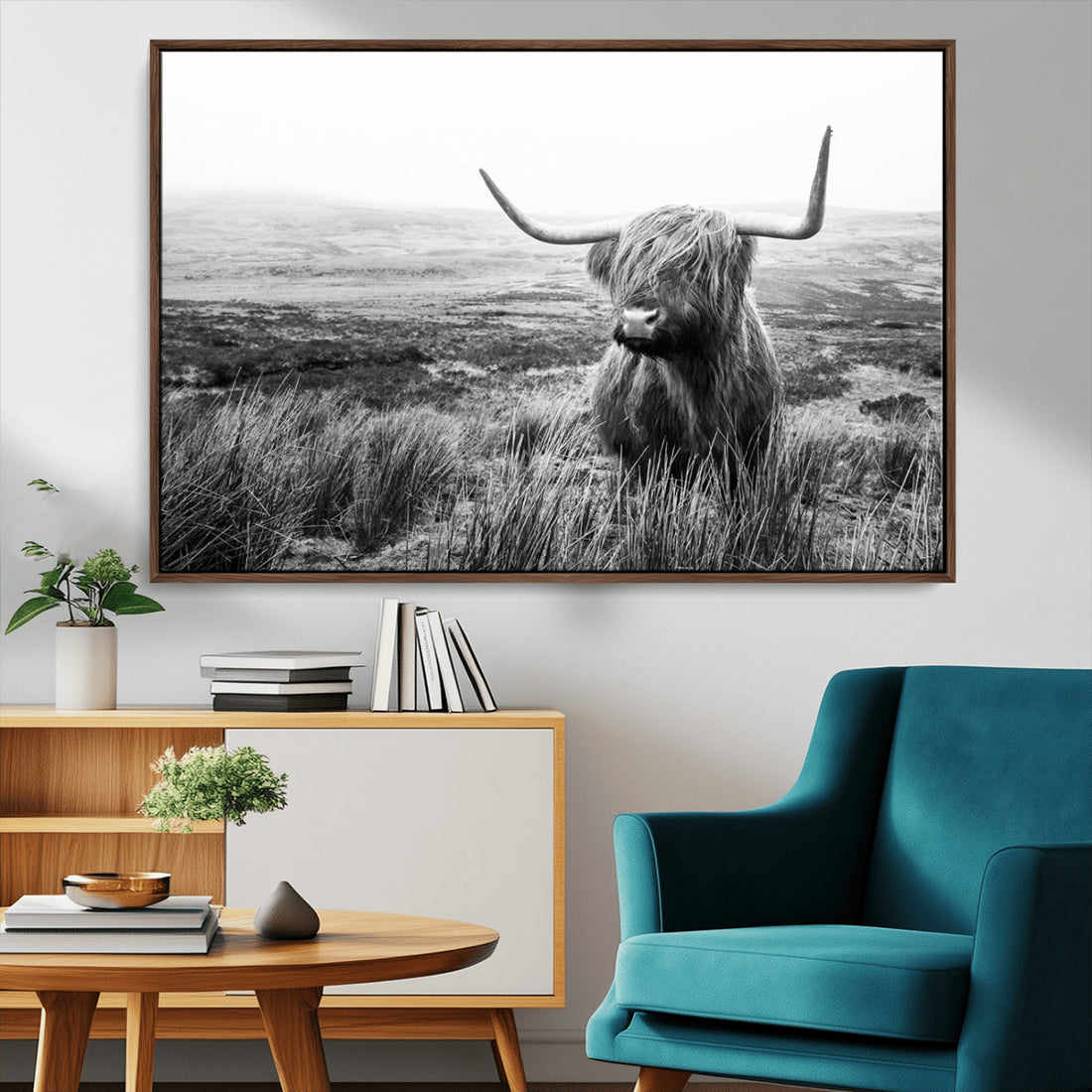 Scottish Highland Cow Wall Art, Black and White Canvas Print