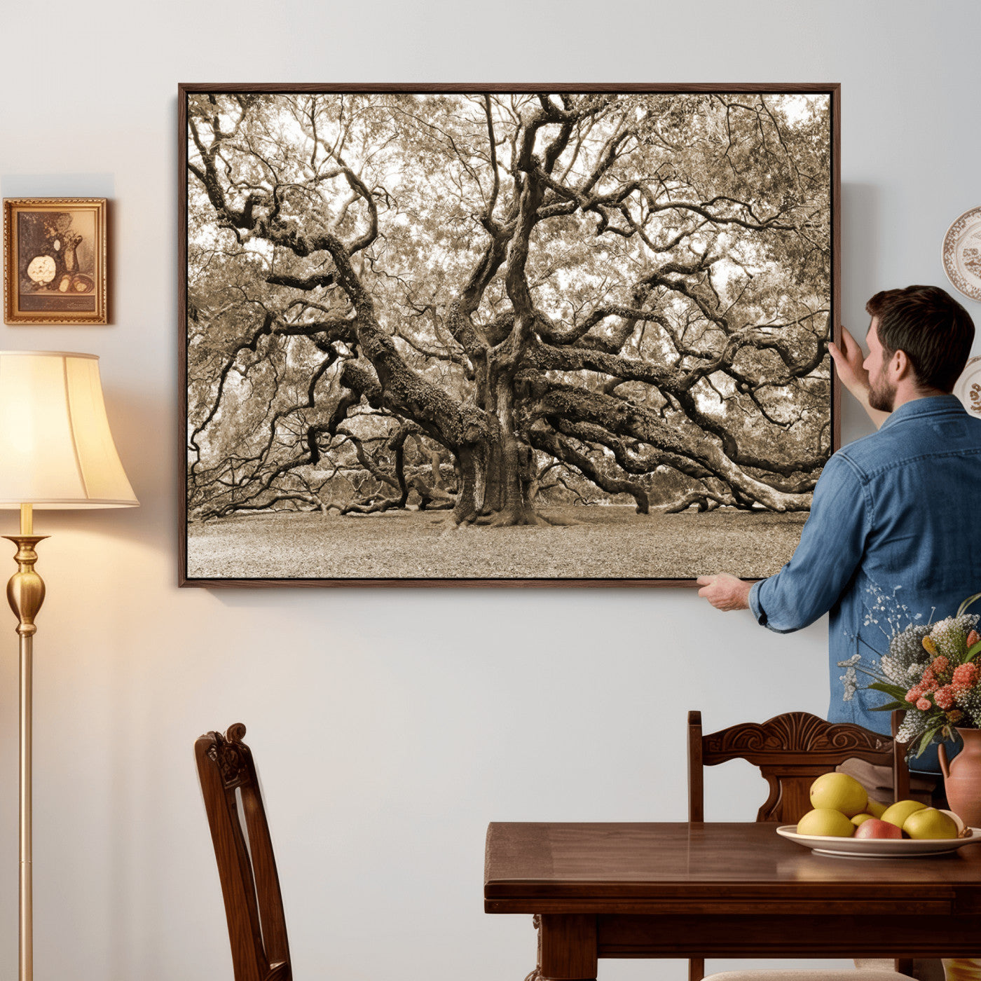 51126-MGV-CV-36X24 - Sepia Framed Angel Oak Tree Wall Art - 3-Panel Canvas Prints, Large Green Nature Artwork, Ready to