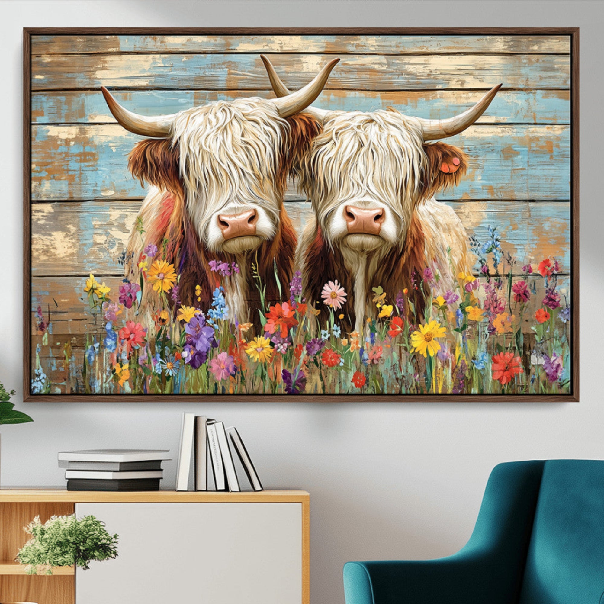 36972-MGV-CV-36X24-Cute Highland Cow Canvas Wall Art - Rustic Farmhouse Decor with Colorful Flowers Perfect Wall Art