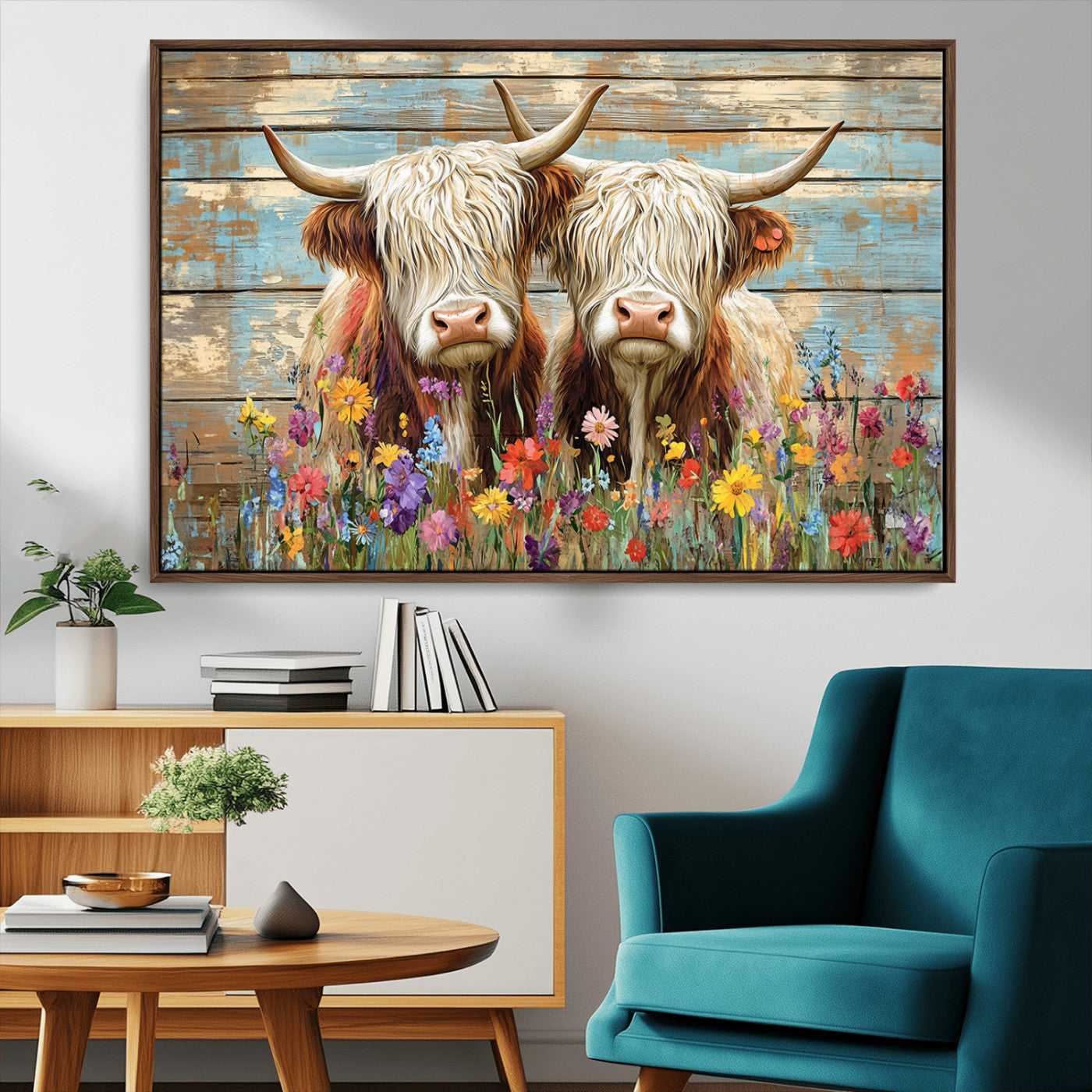 36972-MGV-CV-36X24 - Cute Highland Cow Canvas Wall Art - Rustic Farmhouse Decor with Colorful Flowers Perfect Wall Art