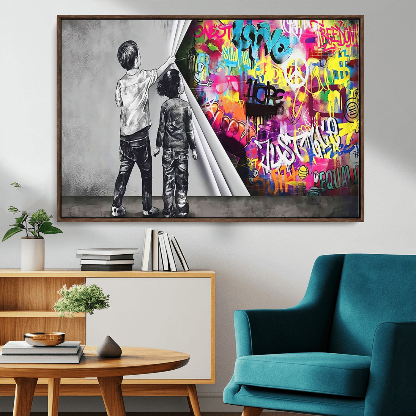 92809-MGV-CV-36X24-Banksy Print - Street Art Canvas Wall Art - Kids Revealing Graffiti, Urban Modern Decor for Living