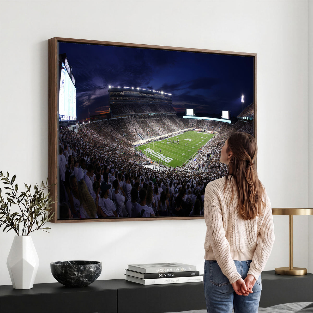 75193-PAN-FL-20X10 - Michigan State Spartans Canvas, Framed Football Team Print - East Lansing Spartan Stadium Wall Art