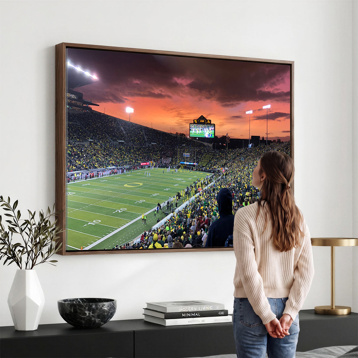 75065-PAN-FL-20X10 - Eugene Autzen Stadium Canvas Wall Art Print – Sunset Over Iconic Football Field Wall Decor for Home