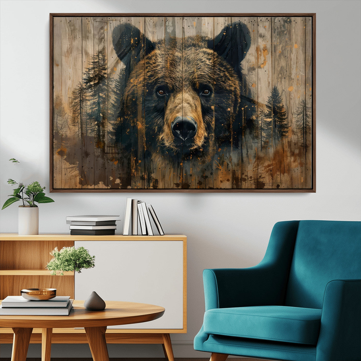 51373-MGV-CV-36X24-Abstract 399 Bear Wall Art | Rustic Cabin Wall Decor with Forest Design | Framed and Ready to Hang |