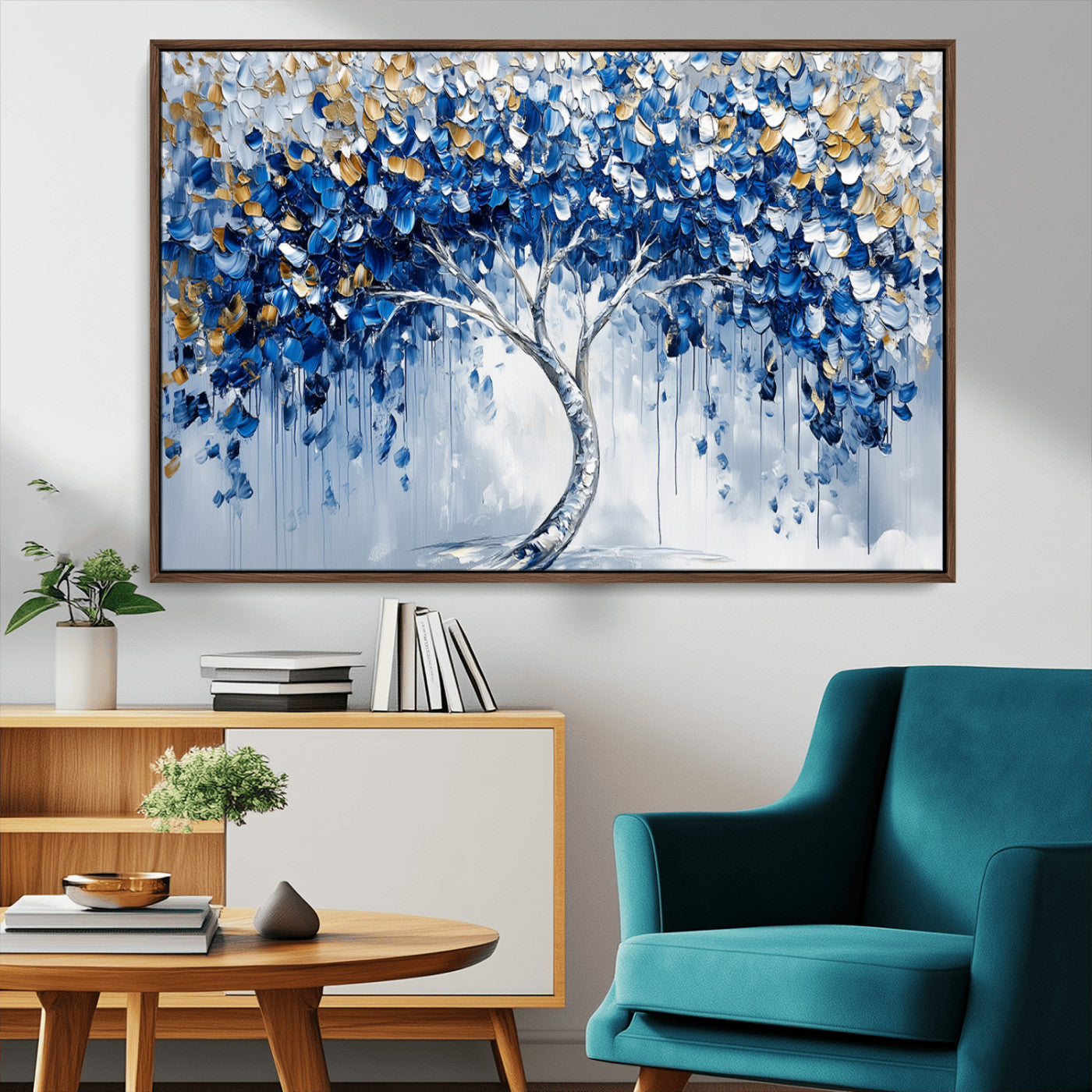 62350-MGV-CV-36X24-Blue and Gold Abstract Tree Wall Art Canvas Print | Modern Tree of Life Painting | Framed Canvas