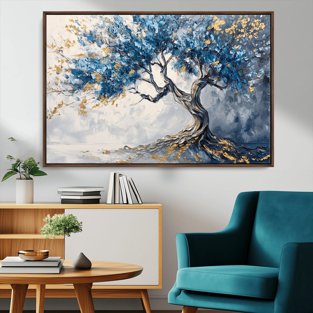 Abstract Tree Painting Canvas Wall Art | Tree of Life Print in Blue and Gold