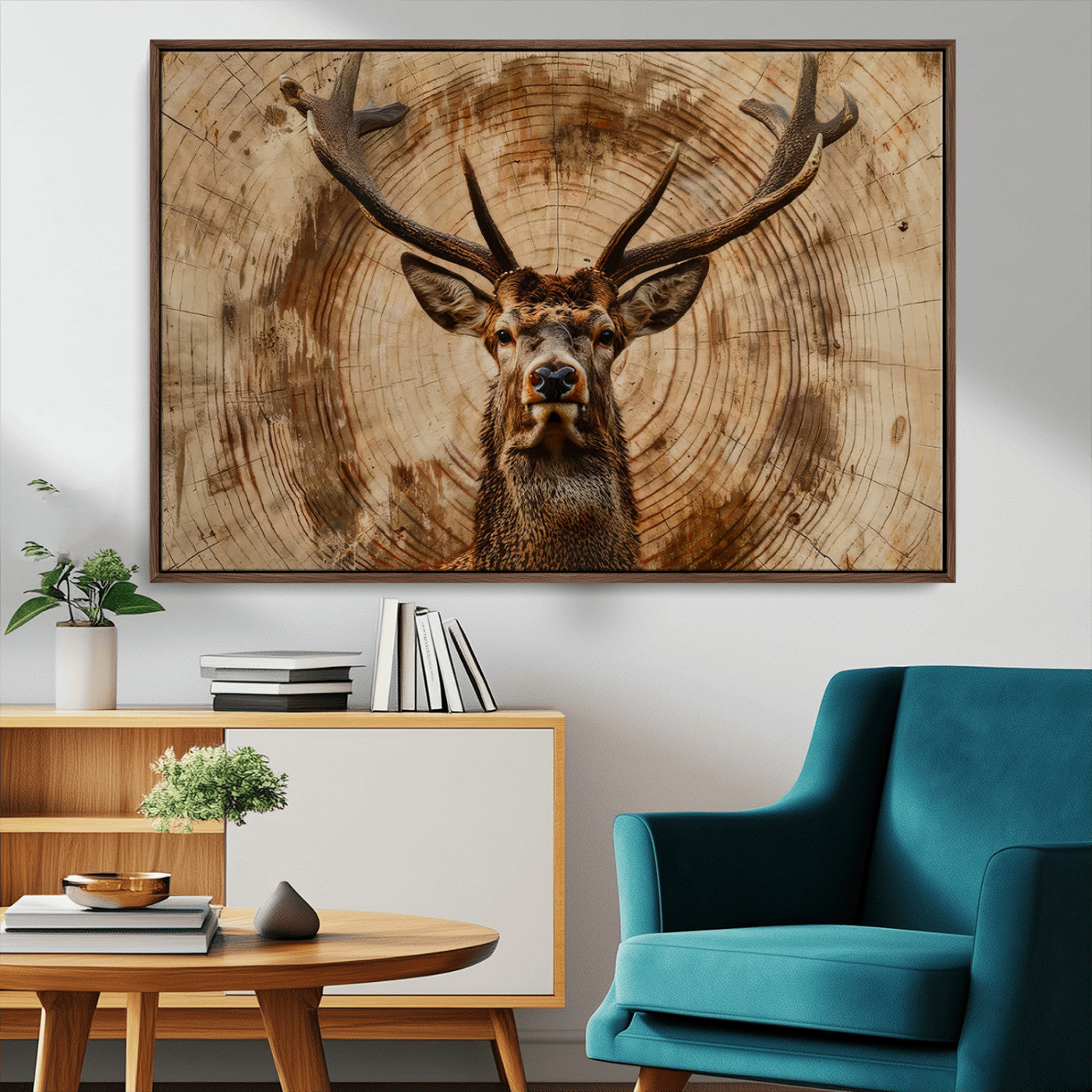 19375-MGV-CV-36X24-Wood Abstract Deer Wall Art | Rustic Wildlife Canvas Print | Ready to Hang Stag Head Triptych for