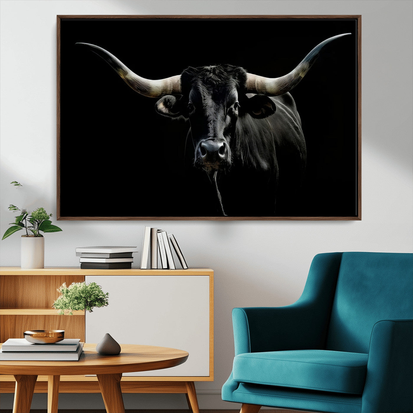 20679-MGV-CV-36X24-Texas Black Longhorn Bull Wall Art Canvas Print - Western Texas Cattle Rustic Decor Print - Longhorn