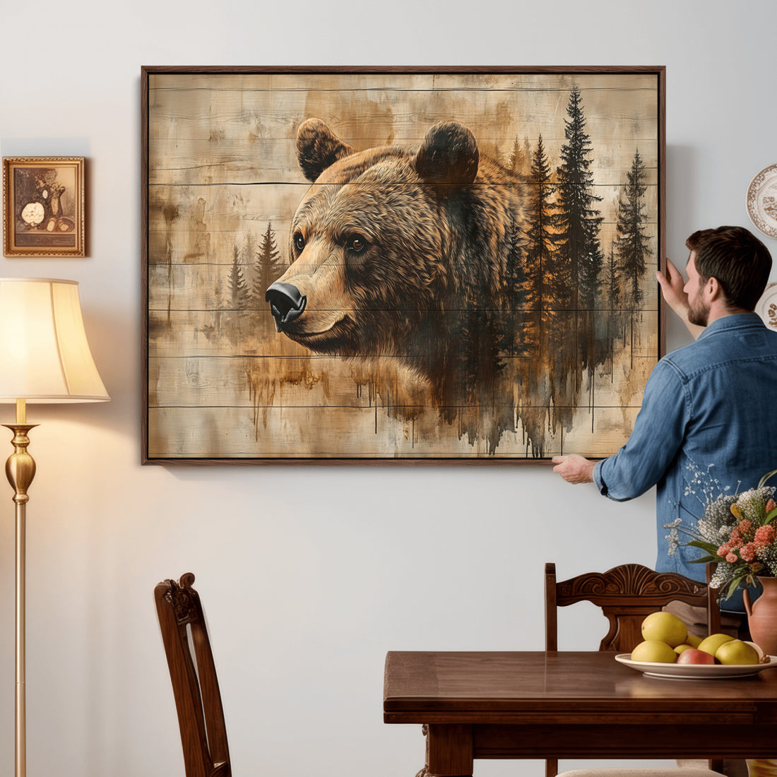 Rustic Grizzly Bear Wall Art, Abstract Grizzly 399 Bear Canvas Print, Woodland Wildlife