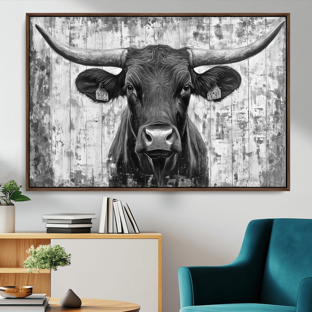 45514-MGV-CV-36X24-Abstract Longhorn Bull Wall Art Canvas Print - Rustic Texas Western Cow Artwork