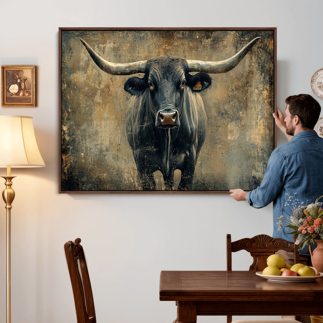 Texas Longhorn Bull Wall Art, Framed Rustic Cow Canvas Print, Western Farmhouse Decor