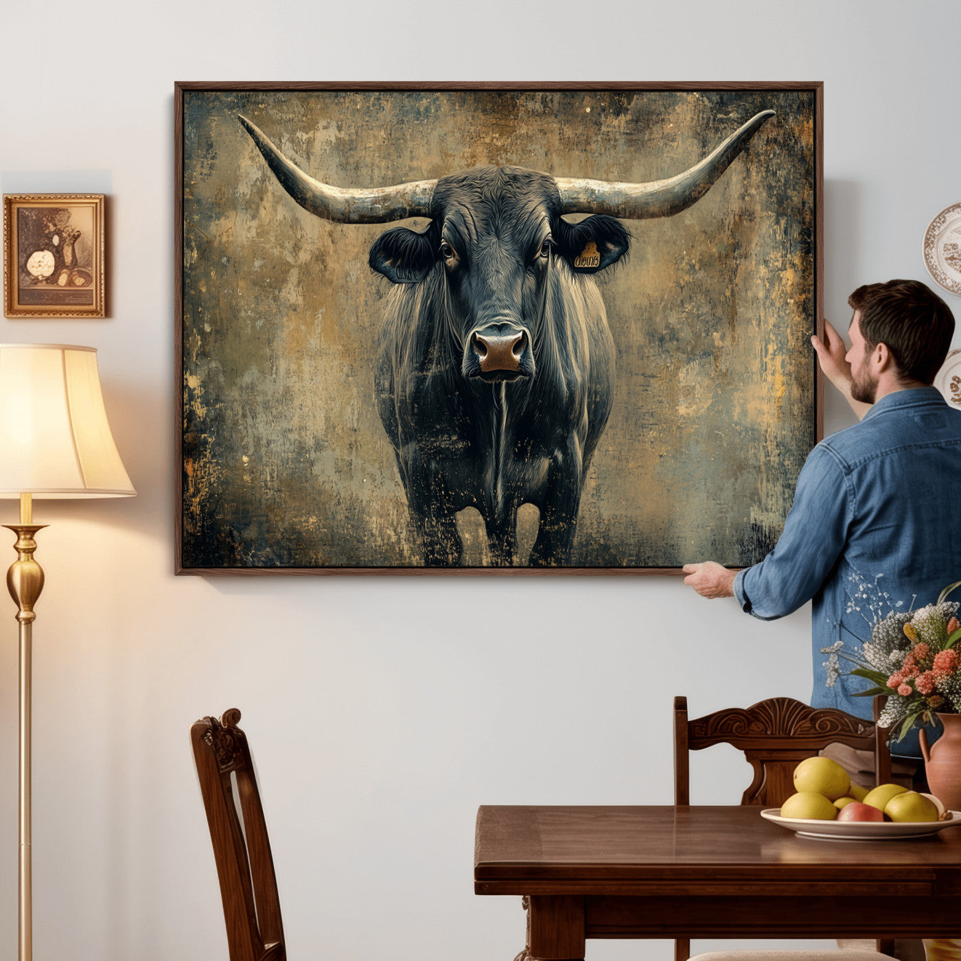 57385-MGV-CV-36X24 - Longhorn Bull Wall Art Canvas Print, Framed Rustic Cow Art Picture Print, Texas Longhorn Perfect Western Decor Artwork