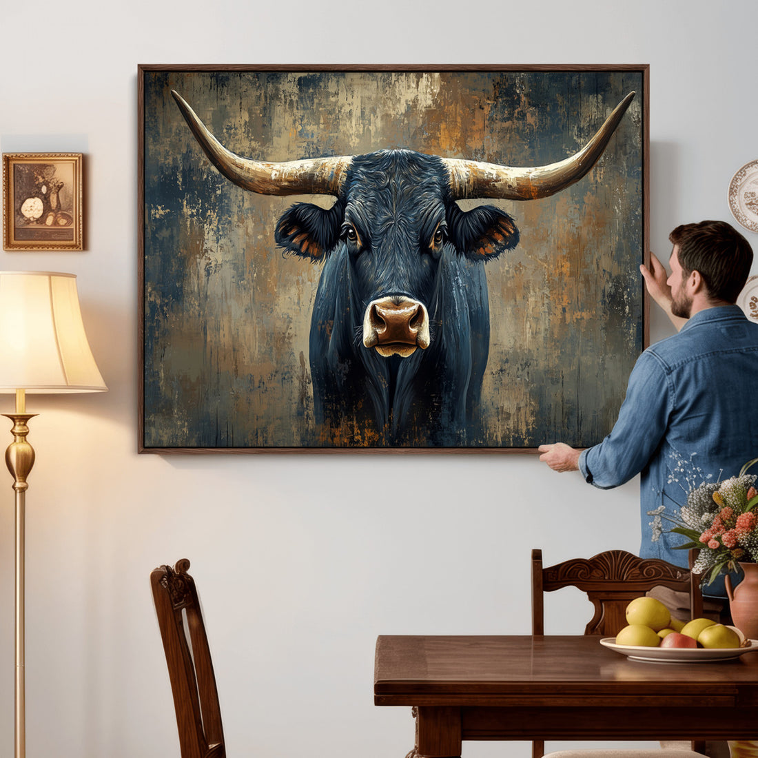 Texas Western Wall Art Canvas Print, Abstract Cow Longhorn Bull Wall Art